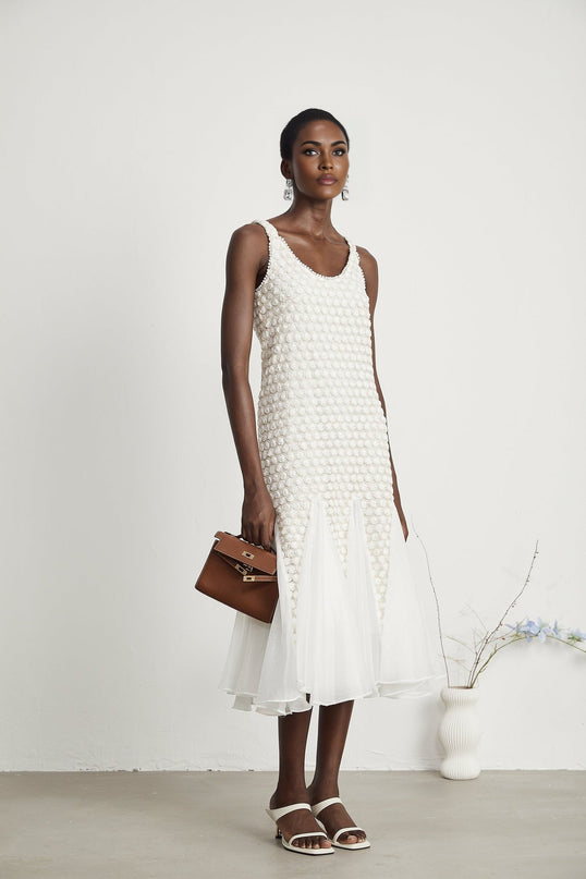 Vada White Tulle Faux-Flower Sleeveless Midi Dress