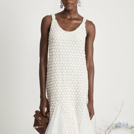 Vada White Tulle Faux-Flower Sleeveless Midi Dress