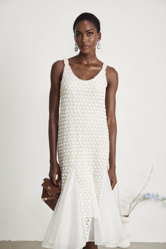 Vada White Tulle Faux-Flower Sleeveless Midi Dress