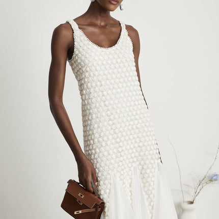 Vada White Tulle Faux-Flower Sleeveless Midi Dress