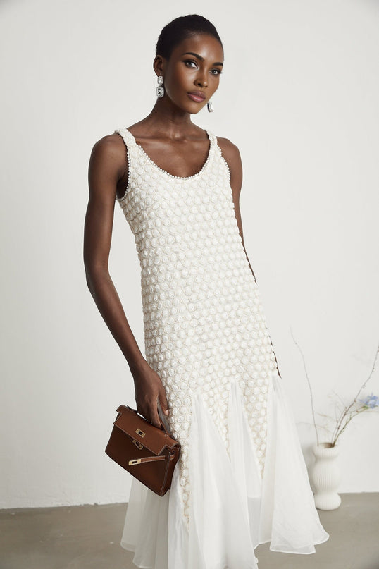 Vada White Tulle Faux-Flower Sleeveless Midi Dress