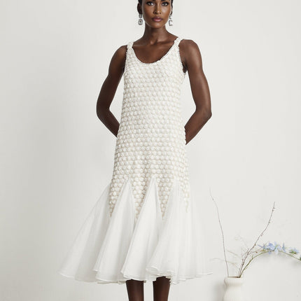 Vada White Tulle Flower Embellished Midi Dress