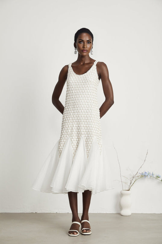Vada White Tulle Flower Embellished Midi Dress