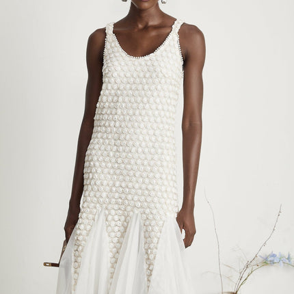 Vada White Tulle Flower Embellished Midi Dress