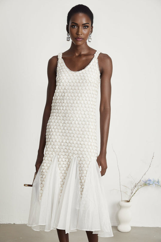 Vada White Tulle Flower Embellished Midi Dress
