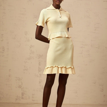 Vada Yellow Ribbed Ruffle Hem Coord Set