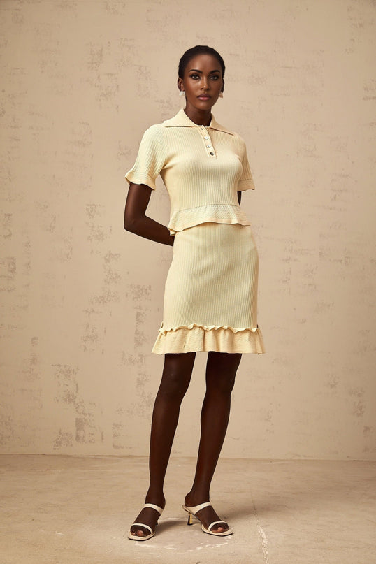 Vada Yellow Ribbed Ruffle Hem Coord Set