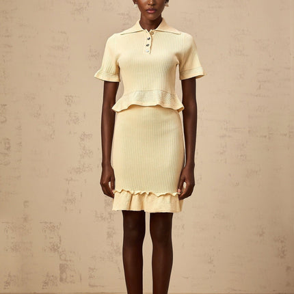 Vada Yellow Ribbed Ruffle Hem Coord Set