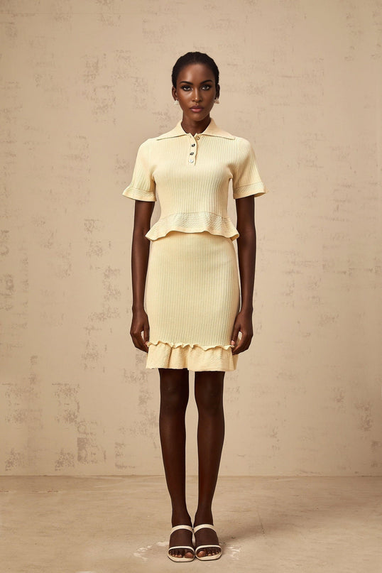 Vada Yellow Ribbed Ruffle Hem Coord Set