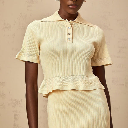 Vada Yellow Ribbed Ruffle Hem Coord Set