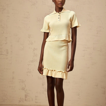 Vada Yellow Ribbed Ruffle Hem Coord Set