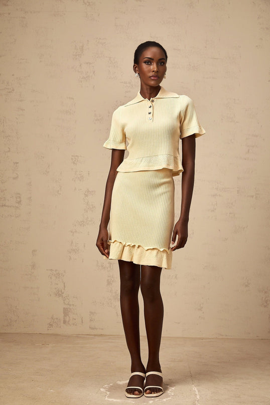 Vada Yellow Ribbed Ruffle Hem Coord Set