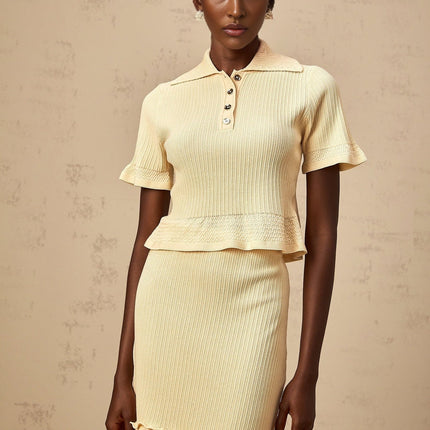 Vada Yellow Ribbed Ruffle Hem Coord Set