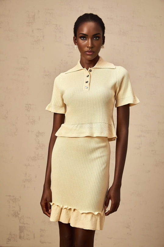 Vada Yellow Ribbed Ruffle Hem Coord Set