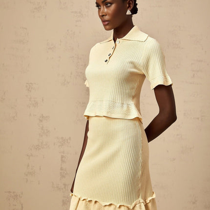 Vada Yellow Ribbed Ruffle Hem Coord Set