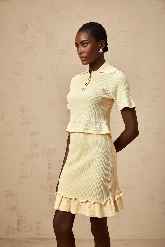 Vada Yellow Ribbed Ruffle Hem Coord Set
