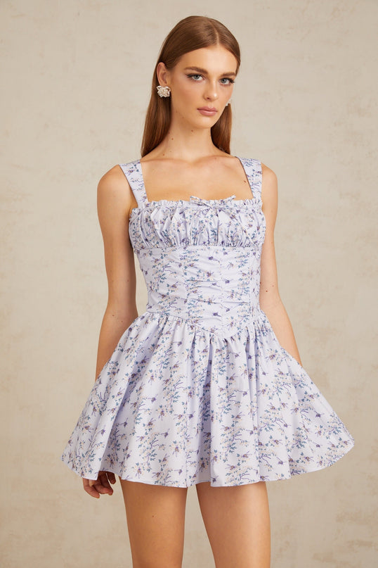 Valentin Blue Shirred Floral Print Mini Dress