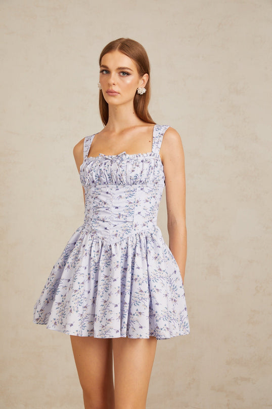Valentin Blue Shirred Floral Print Mini Dress