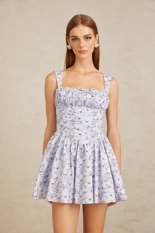 Valentin Blue Shirred Floral Print Mini Dress