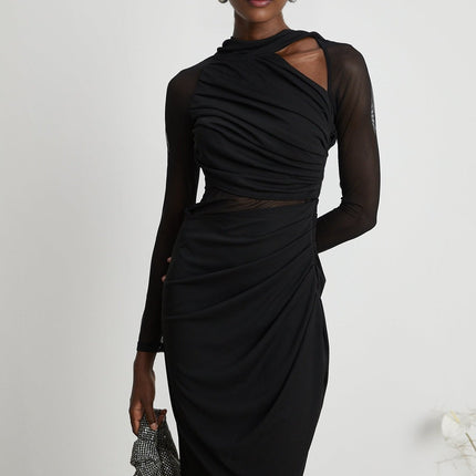 Valentina Black Mesh Panel Ruched Midi Dress