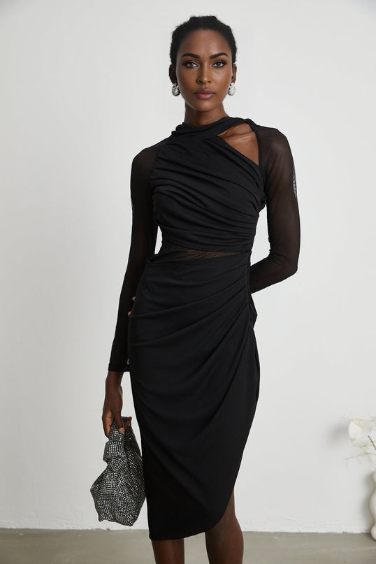Valentina Black Mesh Panel Ruched Midi Dress