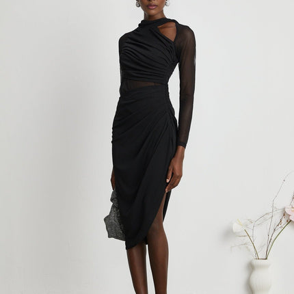 Valentina Black Mesh Panel Ruched Midi Dress