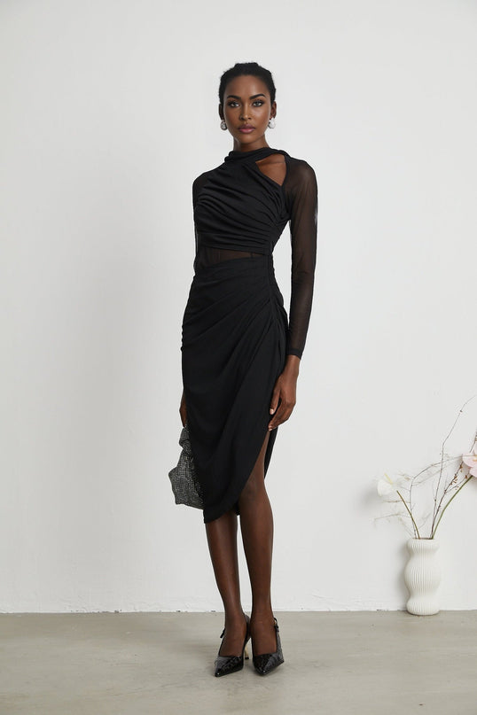 Valentina Black Mesh Panel Ruched Midi Dress