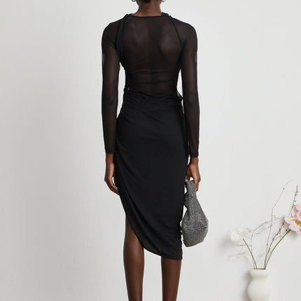 Valentina Black Mesh Panel Ruched Midi Dress