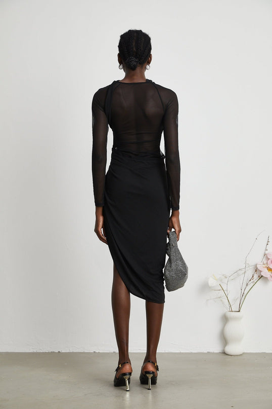 Valentina Black Mesh Panel Ruched Midi Dress