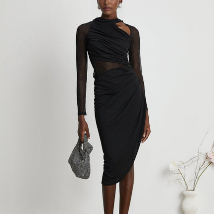 Valentina Black Mesh Panel Ruched Midi Dress