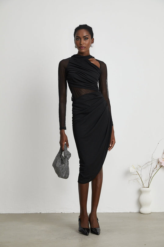 Valentina Black Mesh Panel Ruched Midi Dress