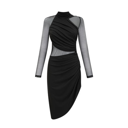 Valentina Black Mesh Ruched Midi Dress