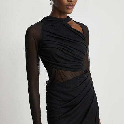 Valentina Black Mesh Ruched Midi Dress