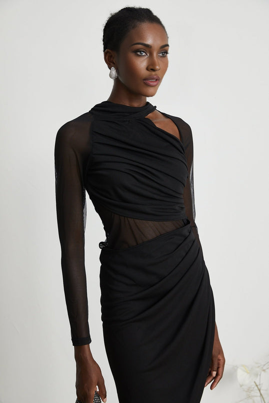 Valentina Black Mesh Ruched Midi Dress