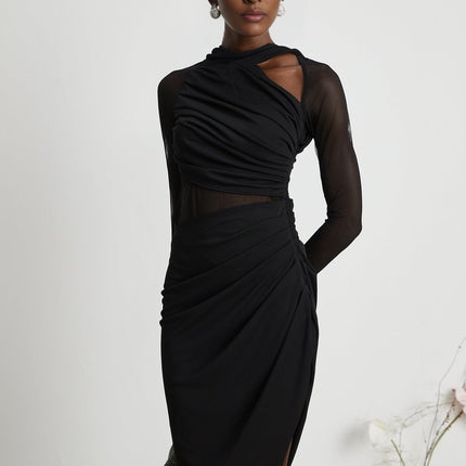 Valentina Black Mesh Ruched Midi Dress