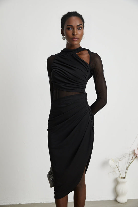 Valentina Black Mesh Ruched Midi Dress