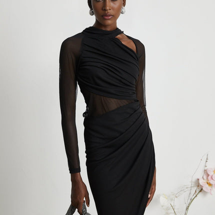 Valentina Black Mesh Ruched Midi Dress