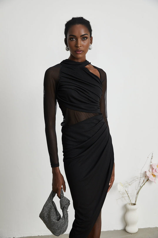 Valentina Black Mesh Ruched Midi Dress