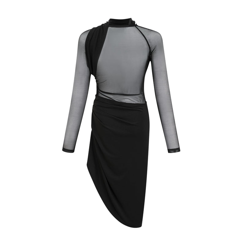 Valentina Black Mesh Ruched Midi Dress