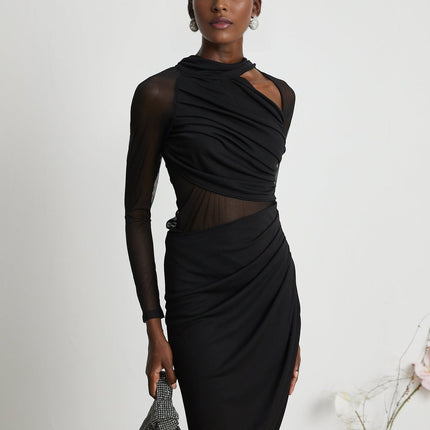 Valentina Black Mesh Ruched Midi Dress