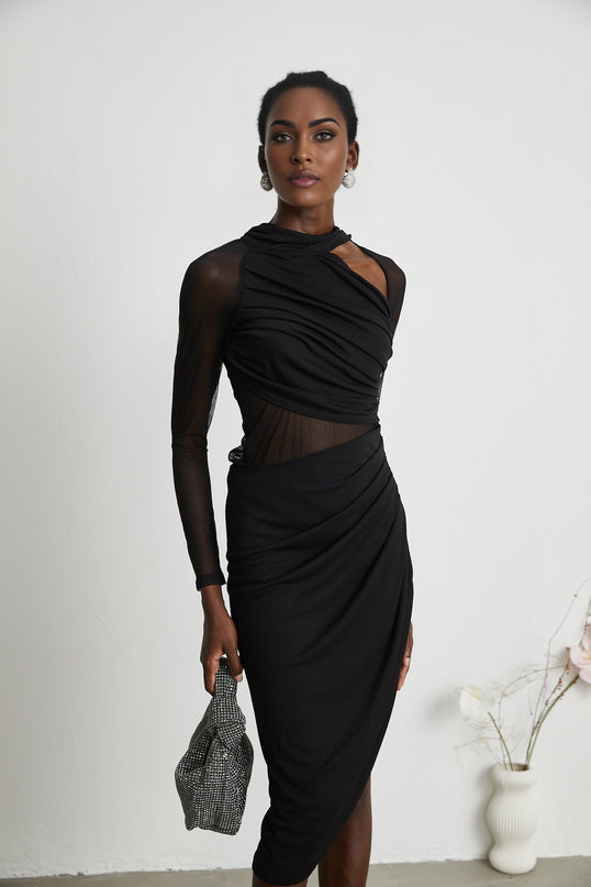 Valentina Black Mesh Ruched Midi Dress