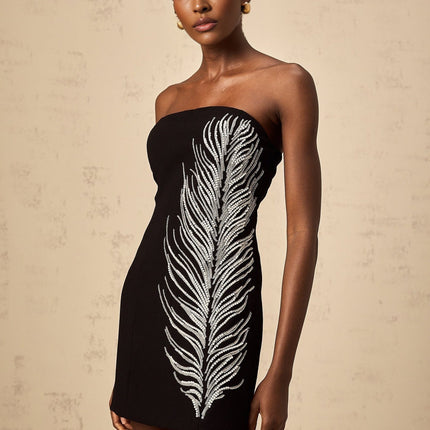 Valentina Black Mini Dress Sequin Faux-Pearl Feather Motif A-Line Polyester Cotton Zip Fastening