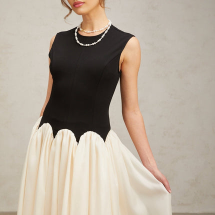 Valentina Black and Off-White Color-Blocked Maxi Dress with Boned Bodice and Puff Skirt