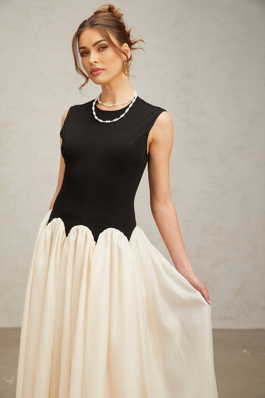 Valentina Black and Off-White Color-Blocked Maxi Dress with Boned Bodice and Puff Skirt