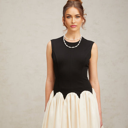 Valentina Black and Off-White Color-Blocked Maxi Dress with Boned Bodice and Puff Skirt