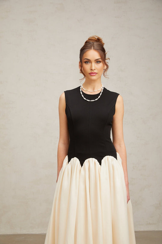 Valentina Black and Off-White Color-Blocked Maxi Dress with Boned Bodice and Puff Skirt