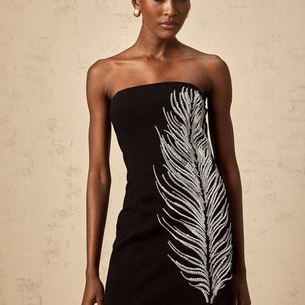 Valentina Black Sequin and Faux-Pearl Mini Dress Feather Motif Off-the-Shoulder Sleeveless A-Line Thigh-Length Rear Zip 52% Polyester 48% Cotton
