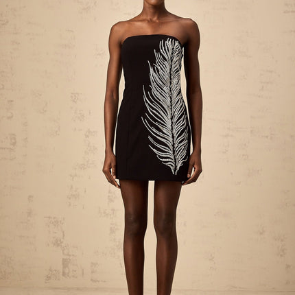 Valentina Black Sequin Mini Dress with Faux-Pearl Embellishments Feather Motif A-Line Sleeveless Off-the-Shoulder Rear Zip Fastening Polyester Cotton Blend