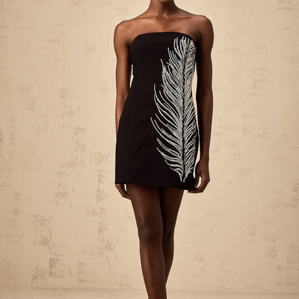 Valentina Black Sequin Mini Dress with Feather Motif