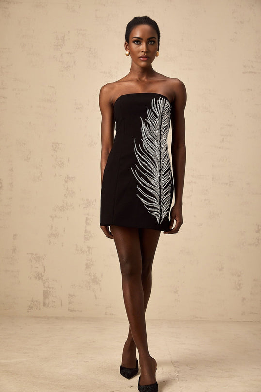 Valentina Black Sequin Mini Dress with Feather Motif